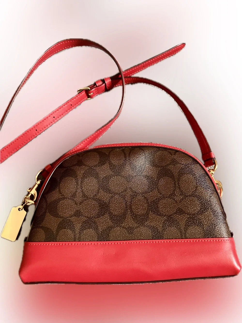 Coach Brown Signature Dome Crossbody with Red Trim
